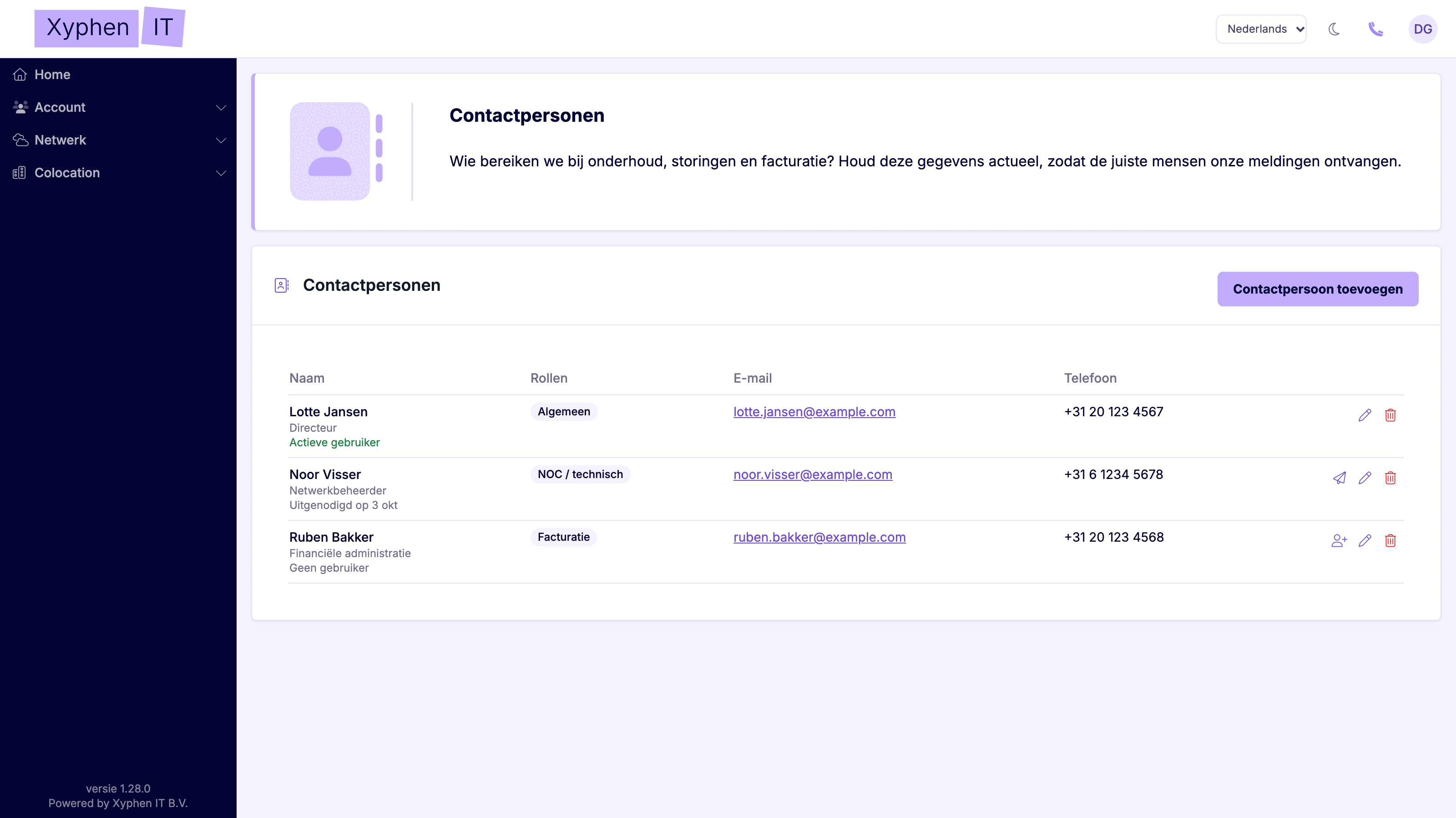 List of contacts in the Xyphen IT dashboard with the roles per person and whether they are an active user, invited or no user