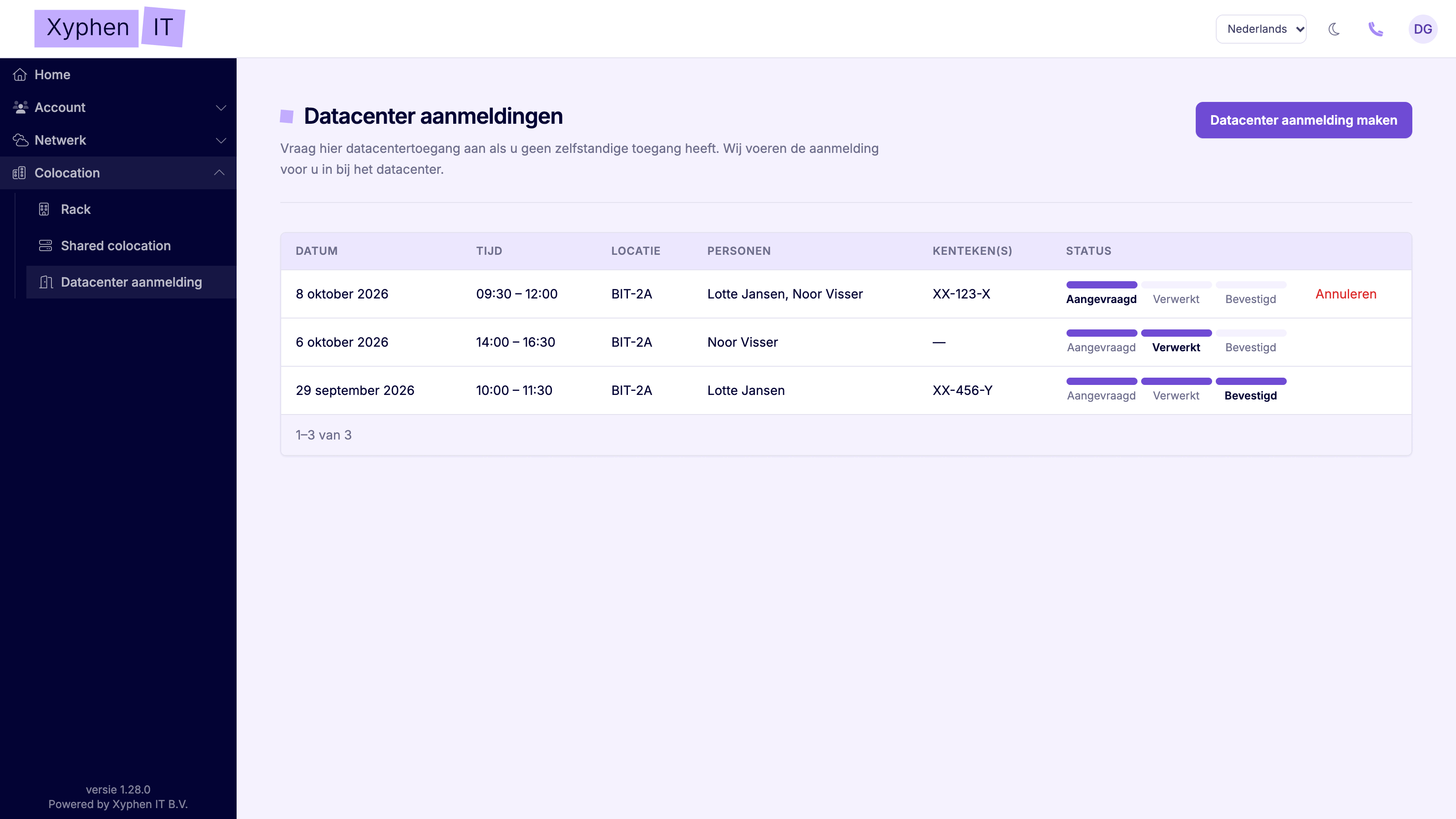 Overzicht van datacenteraanmeldingen in het Xyphen IT-dashboard met datum, tijd, locatie, personen, kenteken en de status Aangevraagd, Verwerkt of Bevestigd